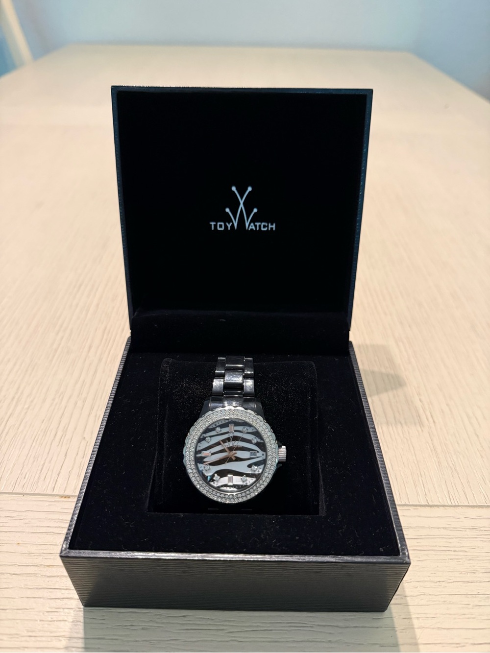 ToyWatch Women’s Black Zebra-Pattern Dial Crystal Bezel Watch